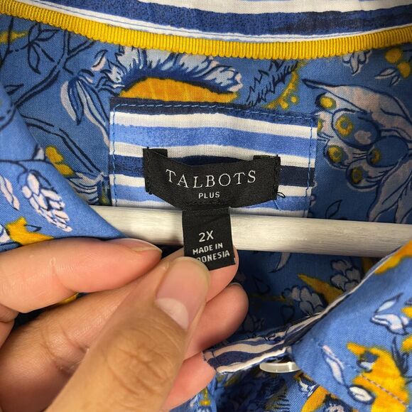 Talbots Button Up Shirt Size 2X Collared Blue Yellow Watercolor Botanical Cotton - Picture 5 of 12